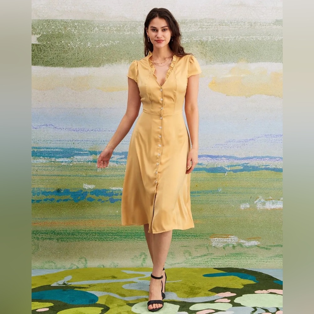 Rihoas Yellow Button-Front Midi Dress